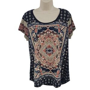 Lucky Brand Shirt Women L Blue Boho Medallion Print Short Sleeve Top Hippie